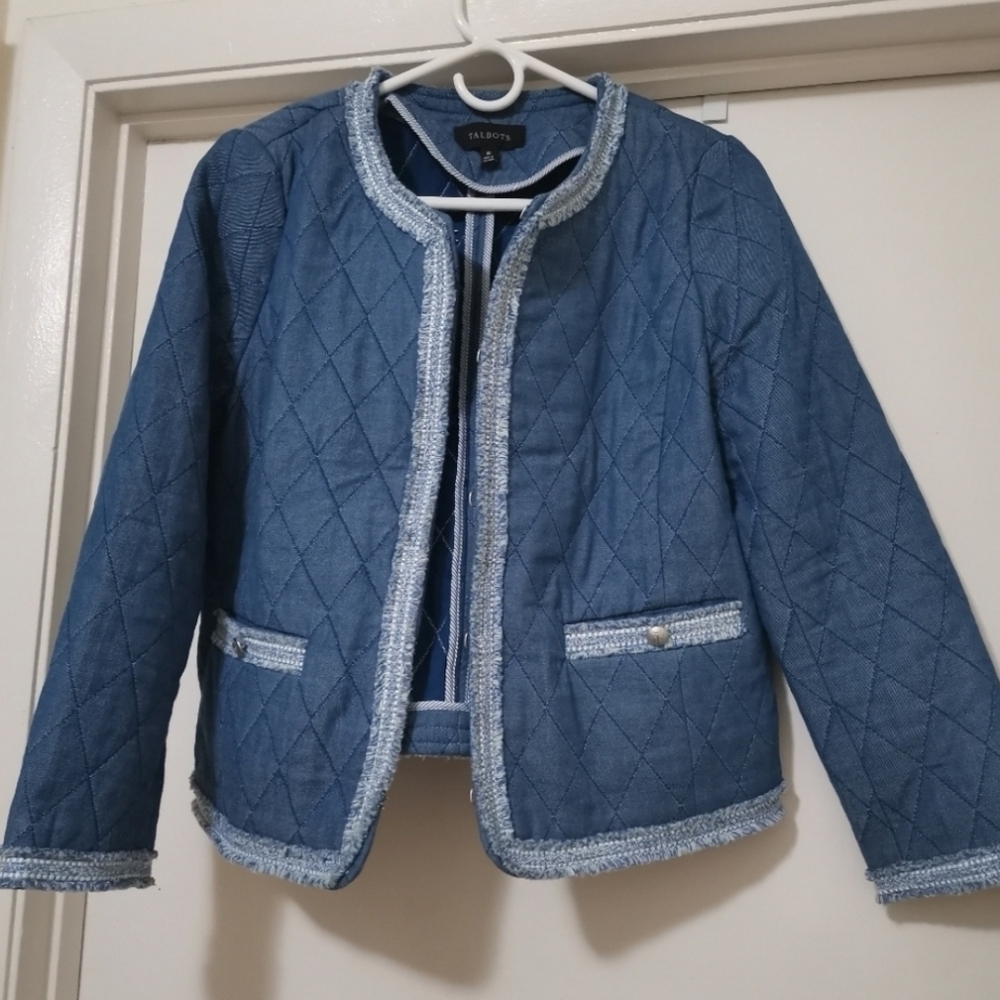 Talbots Blue Quilted Frint Chambray Open Front Jacket